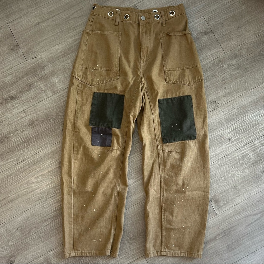 Wide Leg Patchwork Utility Pants in Brown